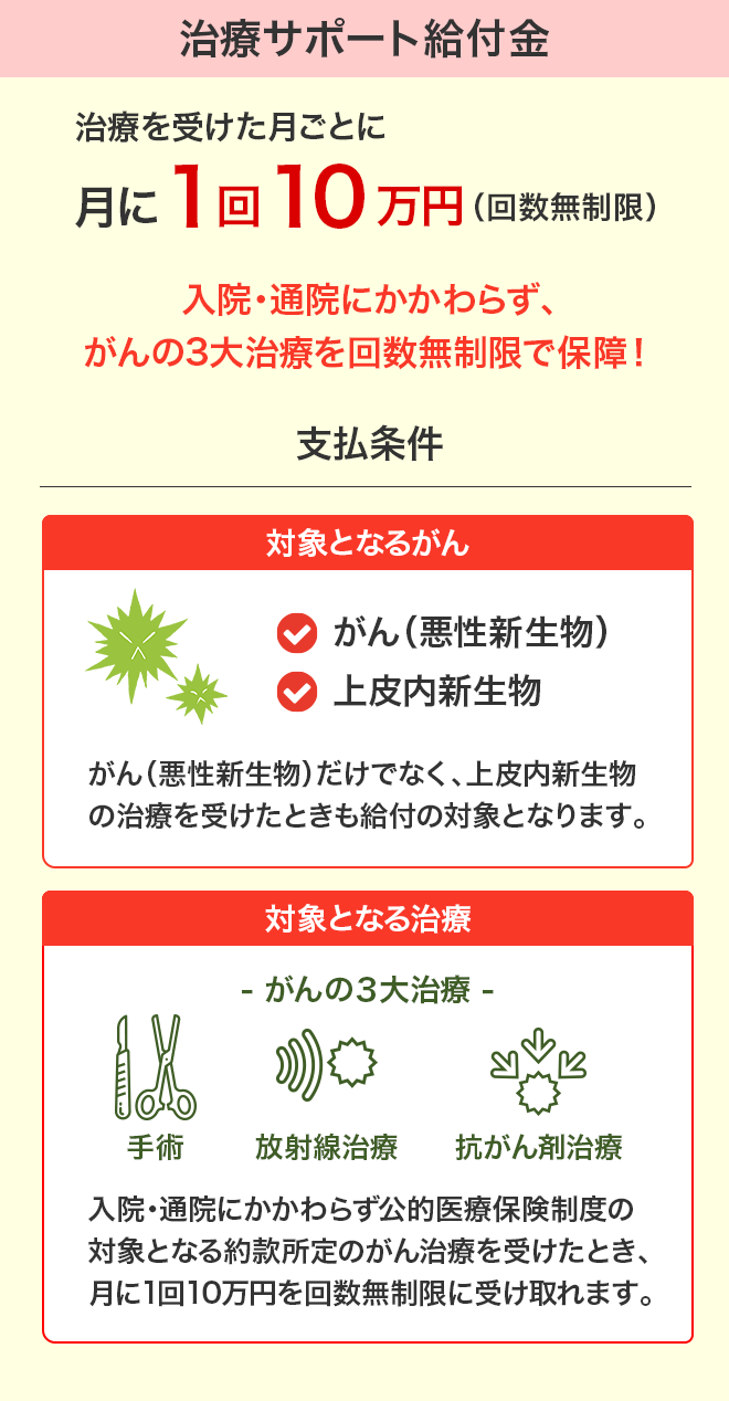 治療サポート給付金：治療を受けた月ごとに月に1回10万円（回数無制限）